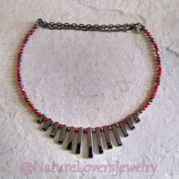 Grounded ~ Calming ~ Gorgeous! Graduated Hematite Fan Necklace with Pink Beads - Picture 2 of 8